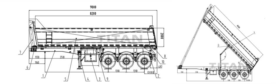 U shape tipper semi trailer technical drawing